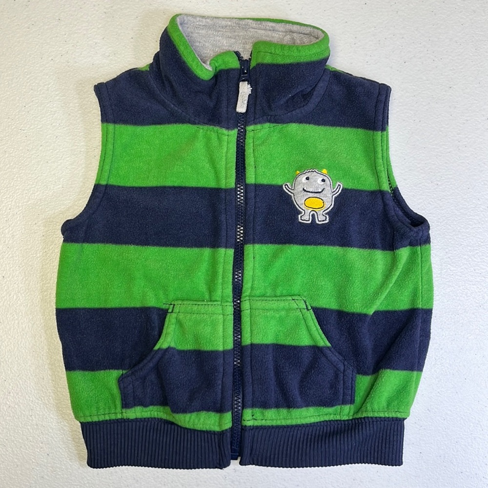 Carter’s Blue/Green Striped Zip-front Fleece Vest with Monster accent Size 18m